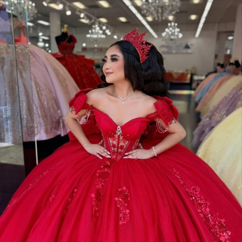 

Red Quinceanera Dress off-shoulder Glitter 3D Flower Decal Long tail Lace Frill Bow vestidos de 15 Quinceanera ﻿Customize