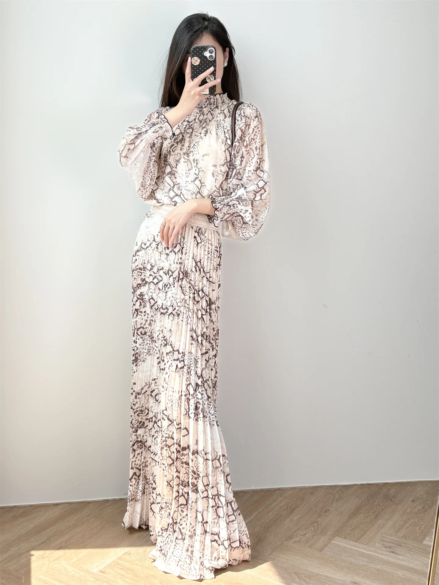 

Ele Floral Print Chiffon irt with Snake Skin Pattern Stand Collar Midi Skirt for Women Breathable Long Sve Polyester...