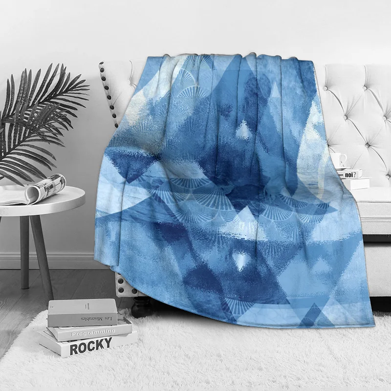 Blue Geometric Pattern Fleece Blanket - Abstract Triangle Design Throw Blanket for Sofa Bed Couch Gift