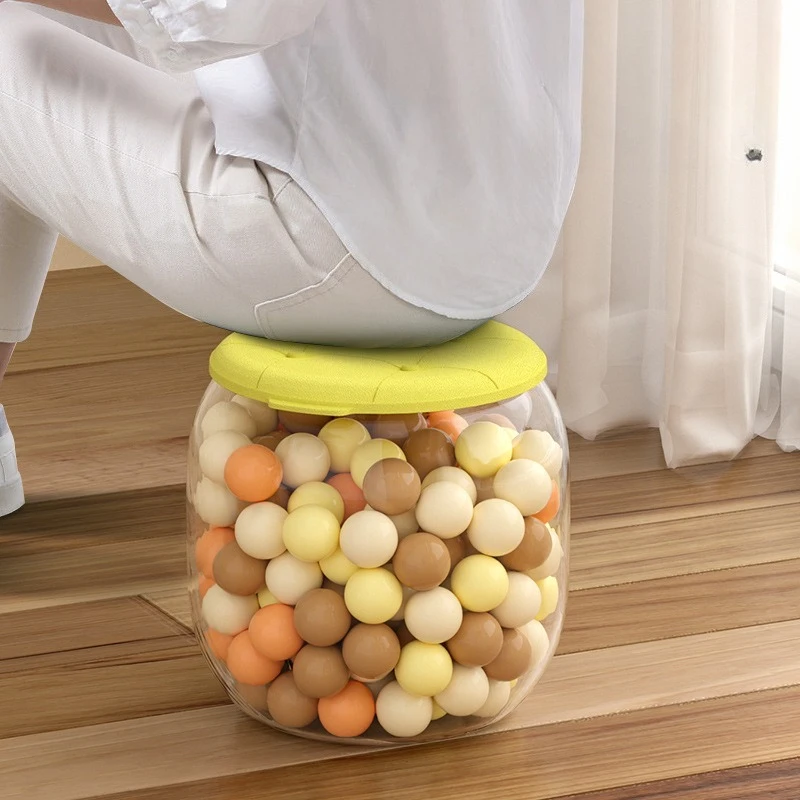 2in1 Storage Stool with Padded Lid Multifunctional Large Capacity Round Transparent Sundries Storage Box Home Organization