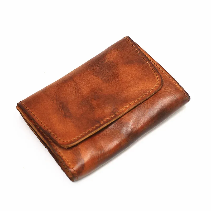 Cartera de cuero genuino para hombres y mujeres, carteras pequeñas cortas hechas a mano Vintage de marca para hombres, tarjetero, monedero de cuero