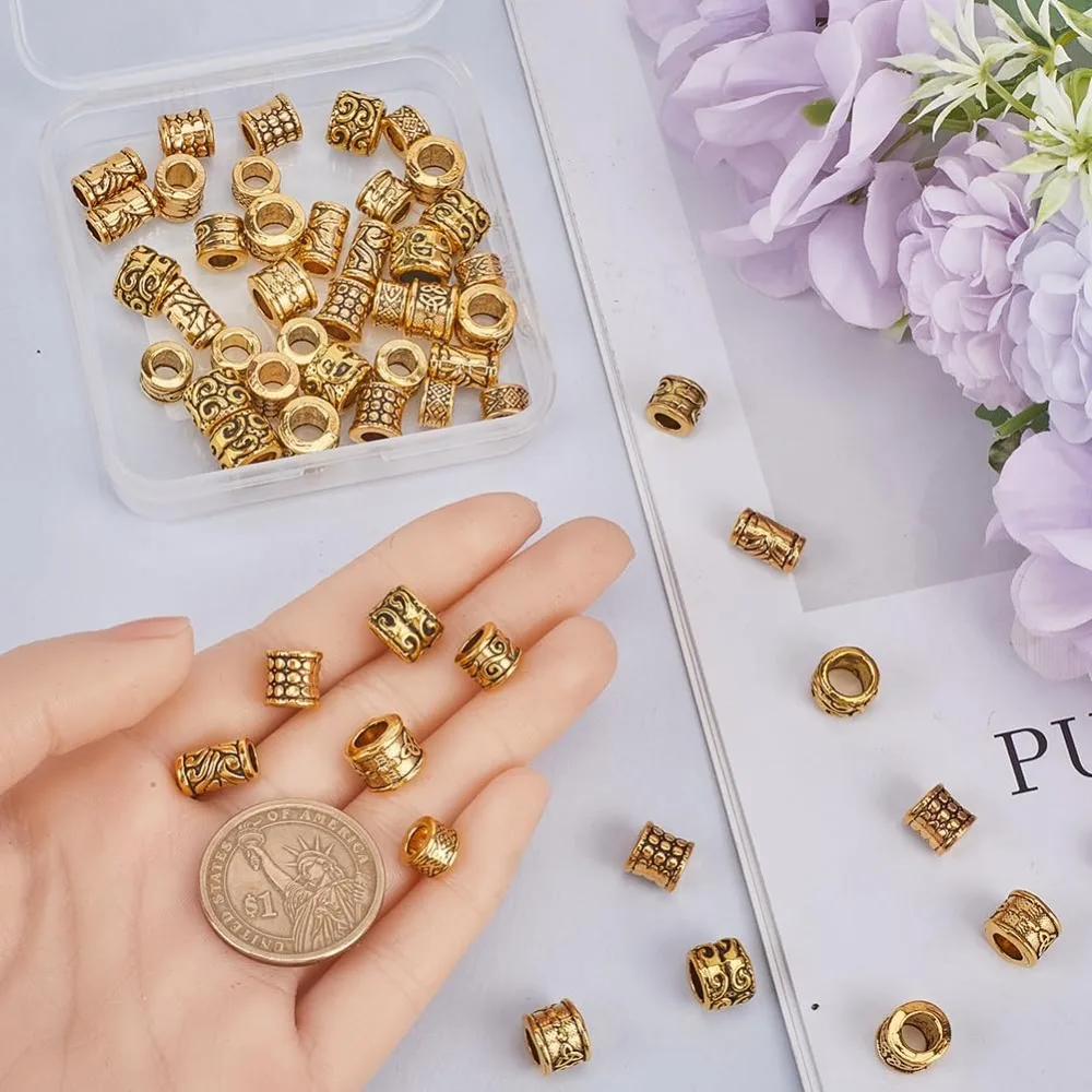60 قطعة سبائك ثقب كبير خزر عازل التبتية خزر عازل الذهب العتيقة الذهبي الأوروبي Rondelle أنبوب معدني مستدير طقم مجوف