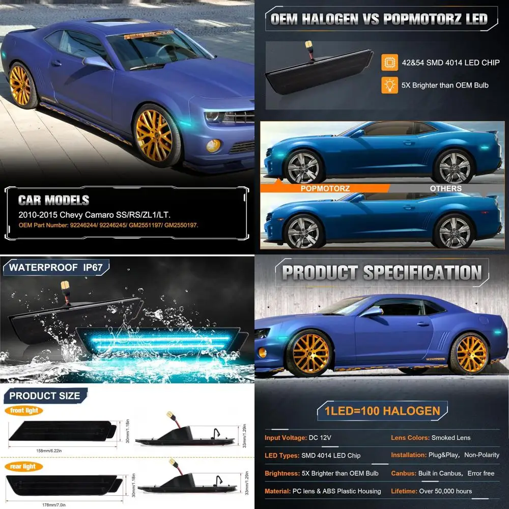 

Chevy Camaro 2010-2015 Smoked Lens Ice Blue LED Side Marker Lights for Front and Rear Fenders