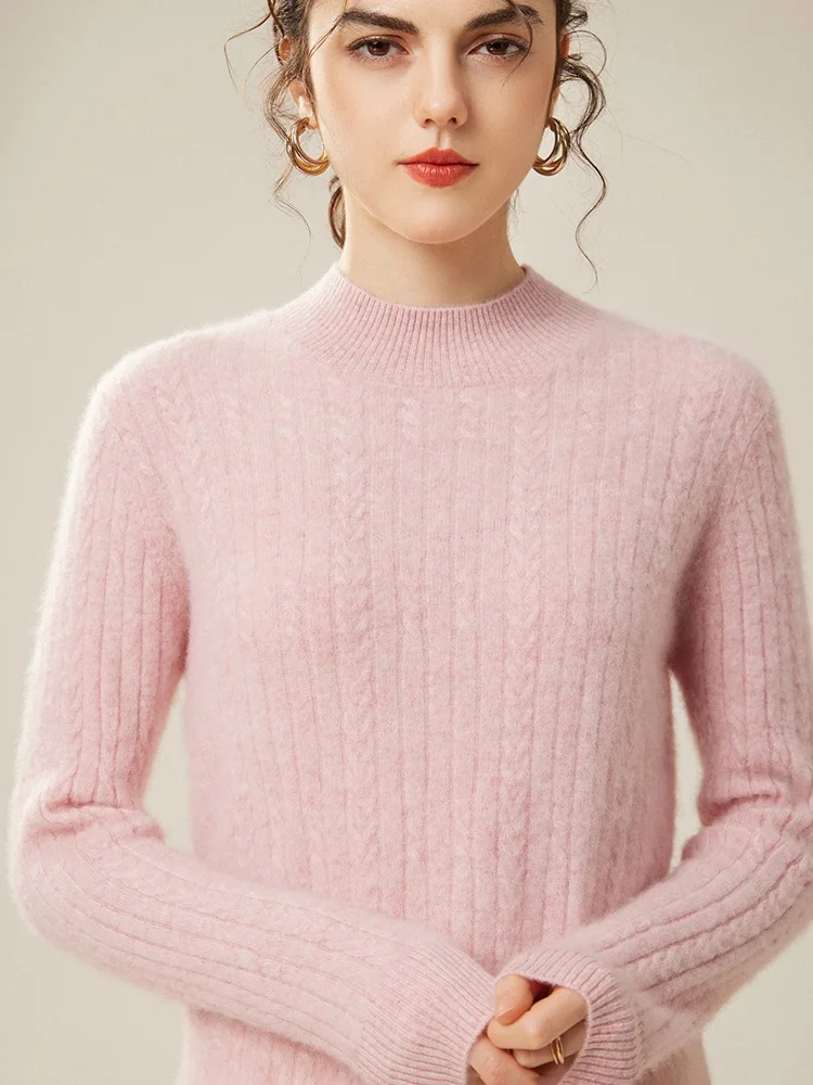 BirdTree, 100%Goat Cashmere Elegant Sweaters, Women Mock Neck Twisted, Fashion Soft Sweater, Autumn Winter Pink Top T48943QM