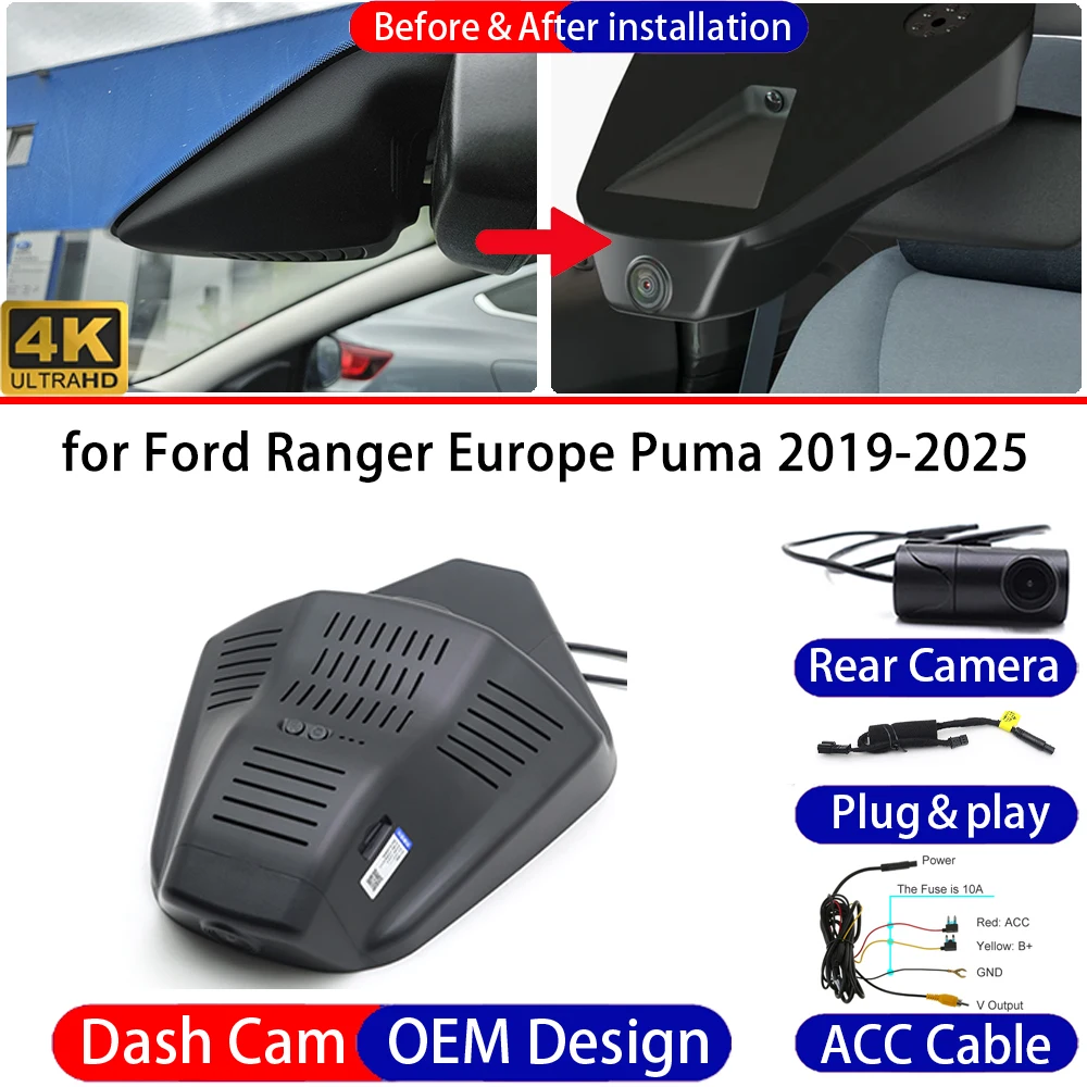 Dash Cam for Ford Ranger Europe Puma 2019-2025 7th Gen Front＆Rear 4K UHD DVR Dashboard Camera Video Drive Recorder Parking Mode