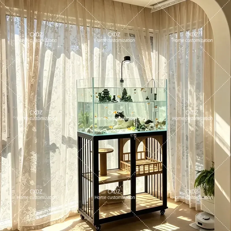 Cat Fish Tank Combo Ultra White Glass Aquarium Cat Villa Transparent Landscaping Habitat for Raising Fish and Turtles