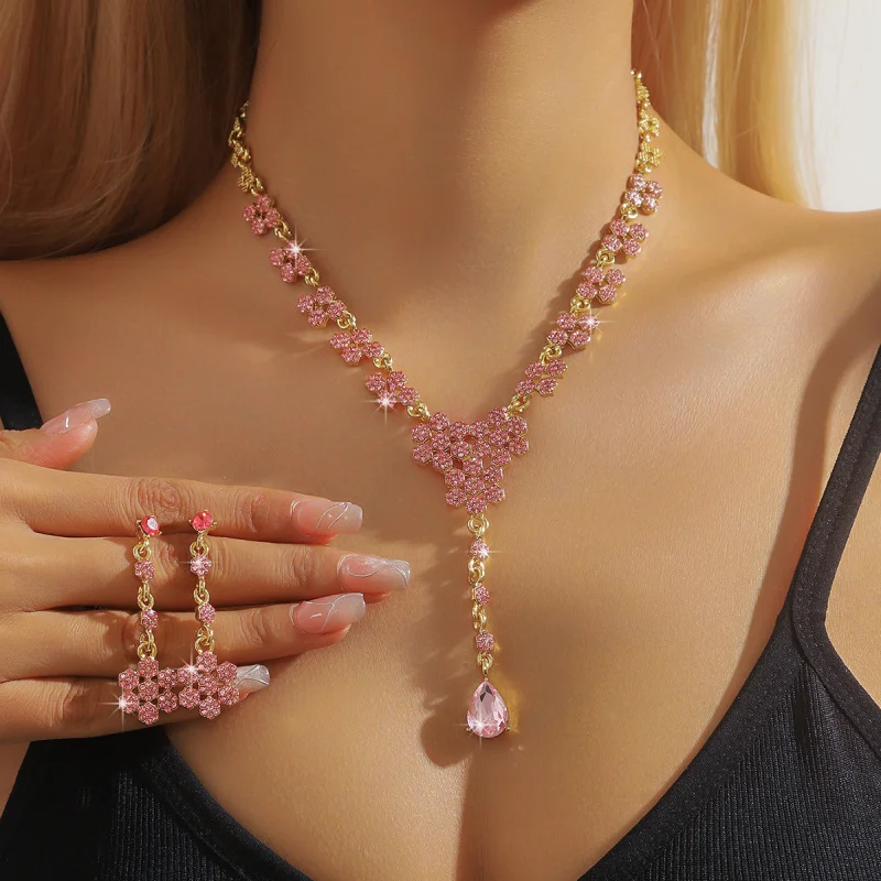 

European and American High-End Bridal Alloy Jewelry Two-Piece Set Luxurious Long Flower Tassel Earrings Zircon Necklace Set