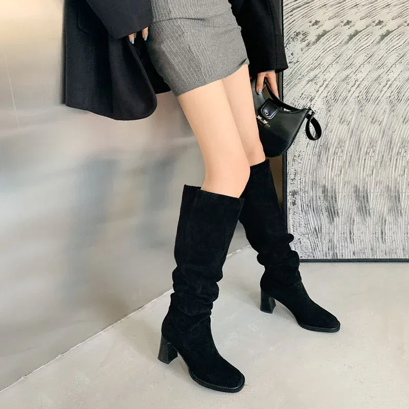 Modern Women Over the Knee High Boots Fashion Pleated Sewing Pumps Autumn Winter Thick Heel Ladies Long Booties