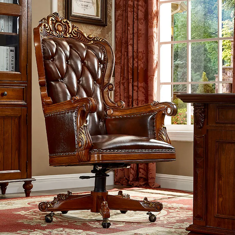 

European solid wood swivel chair American leather boss lifting office executive meeting president book chair c
