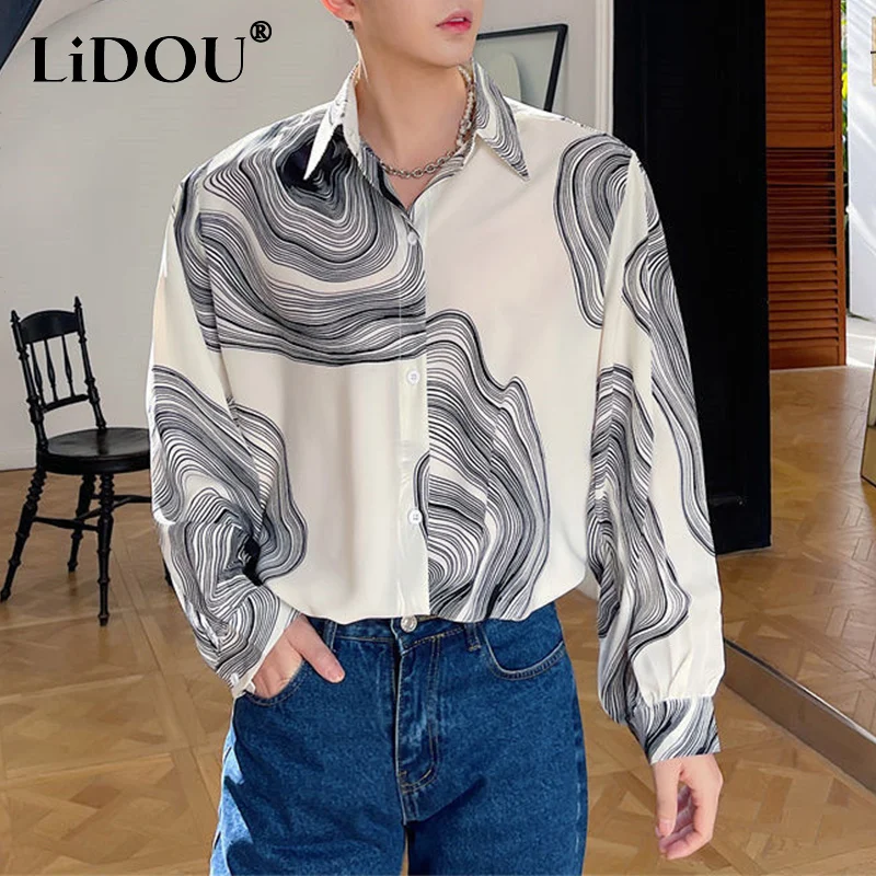 Autumn Winter New Fashion Temperament Casual Simple Blouse Man Design Print Geometric Y2K Loose Top Shirt Men Streetwear Clothes