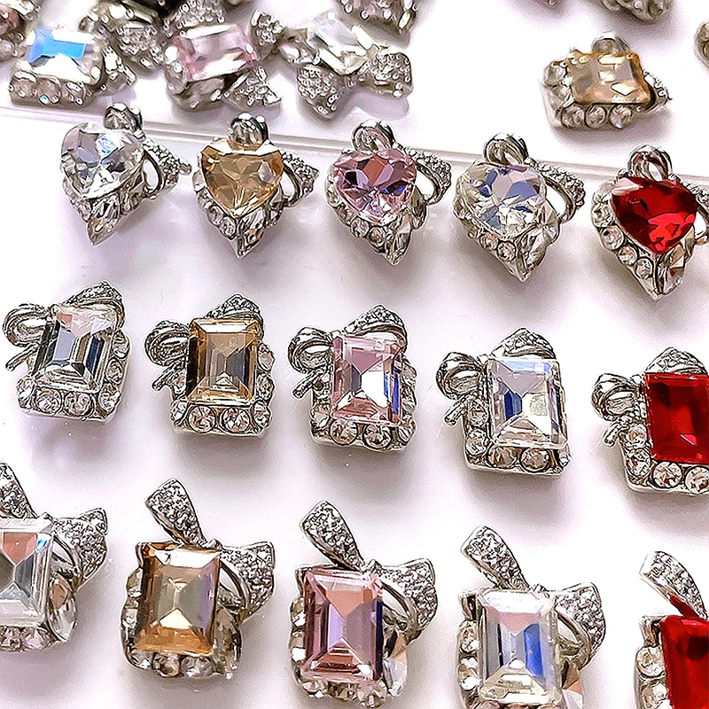 

10PCS 3D Luxury Alloy Bow Nail Art Love Heart Charms Rectangular Rhinestone Accessories For Manicure Nails Decoration Supplies