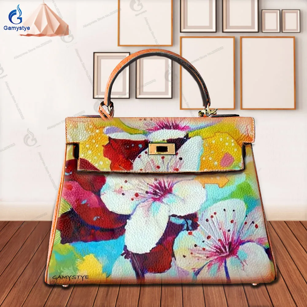 

Сумки на плечо Sac De Luxe Femme Роскошные сумки Женские крупномасштабные красочные цветочные узоры Верхний слой из воловьей кожи Ручная работа на заказ