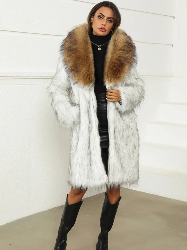 ZADORIN Vinatge Women Long Faux Fur Coat 2024 Winter Fur Collar Pockets Loose Faux Fur Jacket Woman Fur Coats Clothes for Women