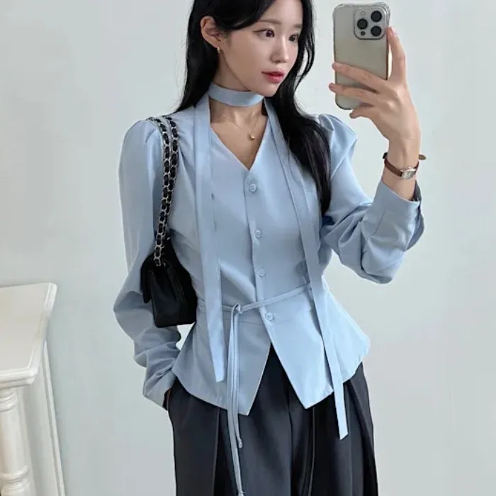 Ele V-ne Long Sve irt Damen Chic Spring Faion Single Button Ne Hängende Taille Cinching Vielseitiger Damen irt