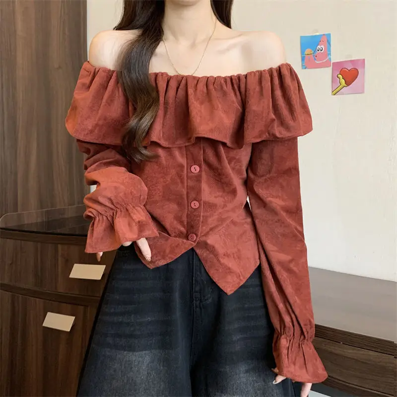 French Ruffle Edge One Shoulder Design Long Sleeved Shirt Women's Pullover Wearing Korean Version Flesh Cover Top