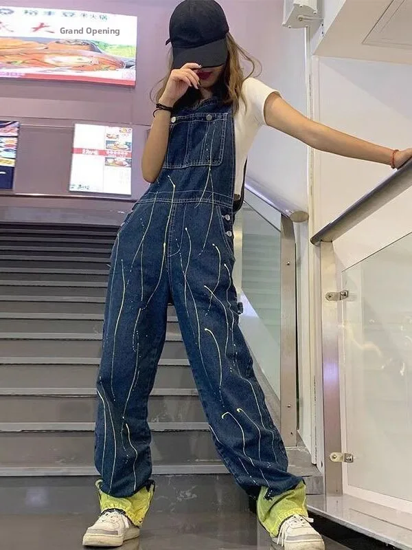 

Anti-Aging Ele Splaed Ink Denim Overalls Women's plus Size Spring Autumn New Sle Slimming One-Piece Pants