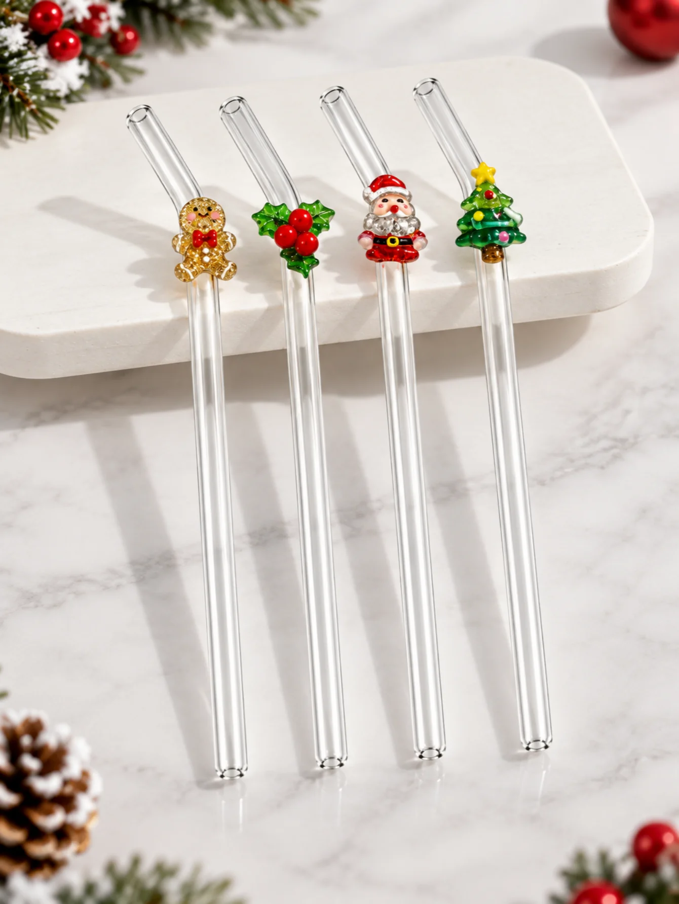 4PCS Christmas Santa Gingerbread Holly Berry Tree Glass Straws Bend Reusable Clear Drinking Straws Coffee Juice Gift Xmas