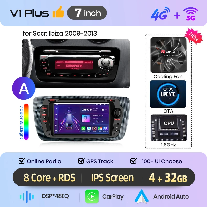 Junsun Wireless CarPlay voor Apple Android Auto autoradio voor Seat Ibiza MK4 6j 2008 2009 2010 2011-2013 GPS multimediaspeler stereo autoradio touchscreen