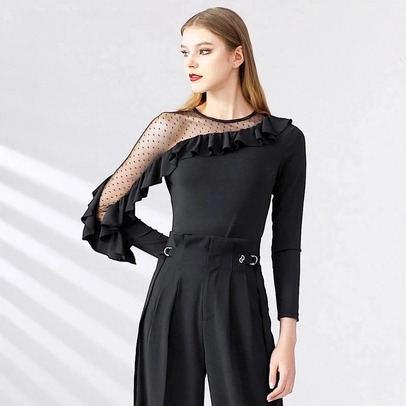 

New Women's Dance Top, Latin Dance Modern Dance Costume, Ballroom Dance Practice Long Sleeved Sloping Shoulder Exposed Top