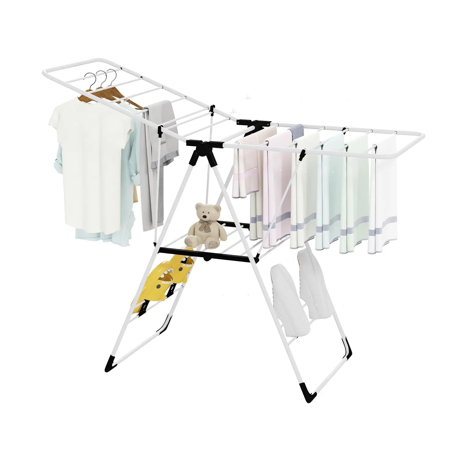 Adjustable Gullwing with Hanging Rods & Shoe Hangers, Foldable Space-saving Laundry Rack, Customized