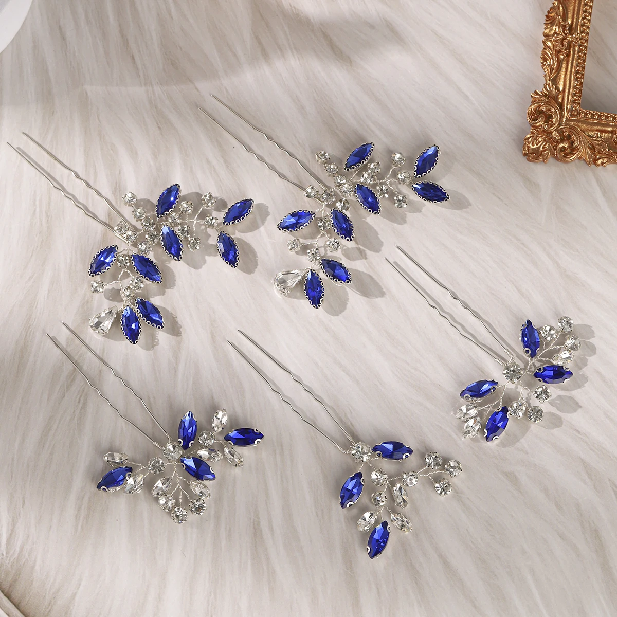 Forcine per capelli eleganti da sposa in cristallo blu, foglie di moda, strass, fermagli per capelli, copricapo per le donne, gioielli per feste, accessori per capelli