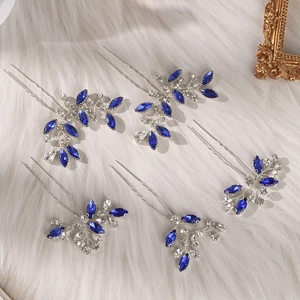 Blue Crystal Bride Elegant Hair Pins Fashion Leaves Rhinestones Hair Clips Headwear For Women Party Jewelry Hair Accessories