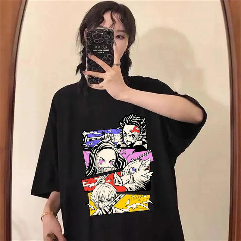 Kaus lengan pendek gambar Anime Demon Slayer T-shirt Atasan wanita modis lengan pendek kaus kartun untuk wanita