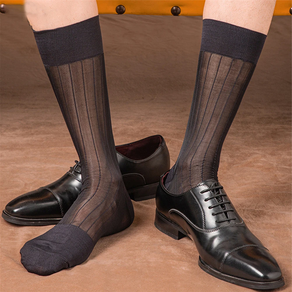 UK AU Größe 4-11,5 Durchsichtige Röhrensocken Herren Sexy Strümpfe Gestreifte Kleidersocken Business-Socken Ultradünne formelle transparente