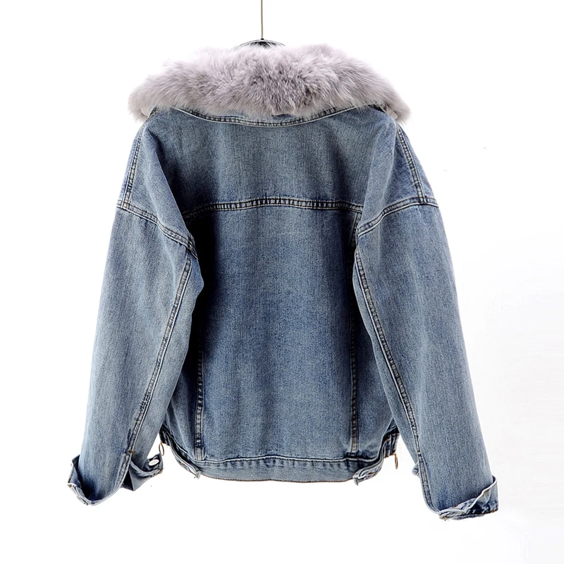 Vintage Winter Warm Denim Jasje Vrouwen Afneembare Vos Bontkraag Konijnenbont Gevoerde Jeans Jas Koreaanse Losse Bovenkleding Vrouwelijke