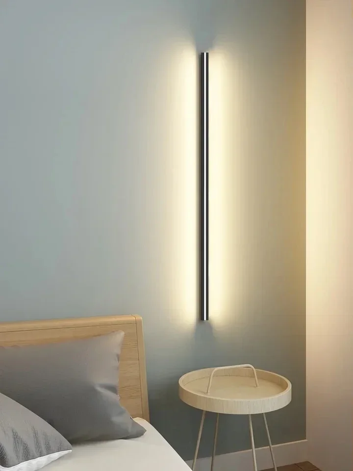 Modern minimalist bedroom, narrow and slender strip wall lamp at the head of the bed, background wall, room lighting decoration