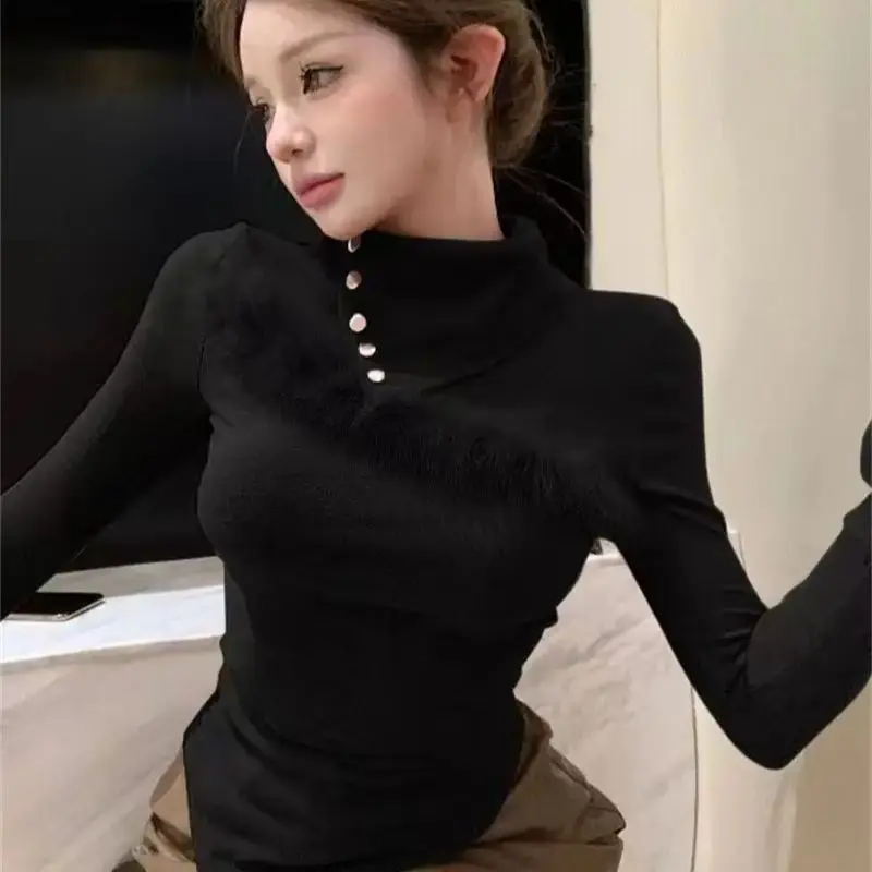 New Long-Sleeved T-Shirt Autumn Winter With Fashionable Stitching High Collar Women Fashionable Irregular Pullover Top