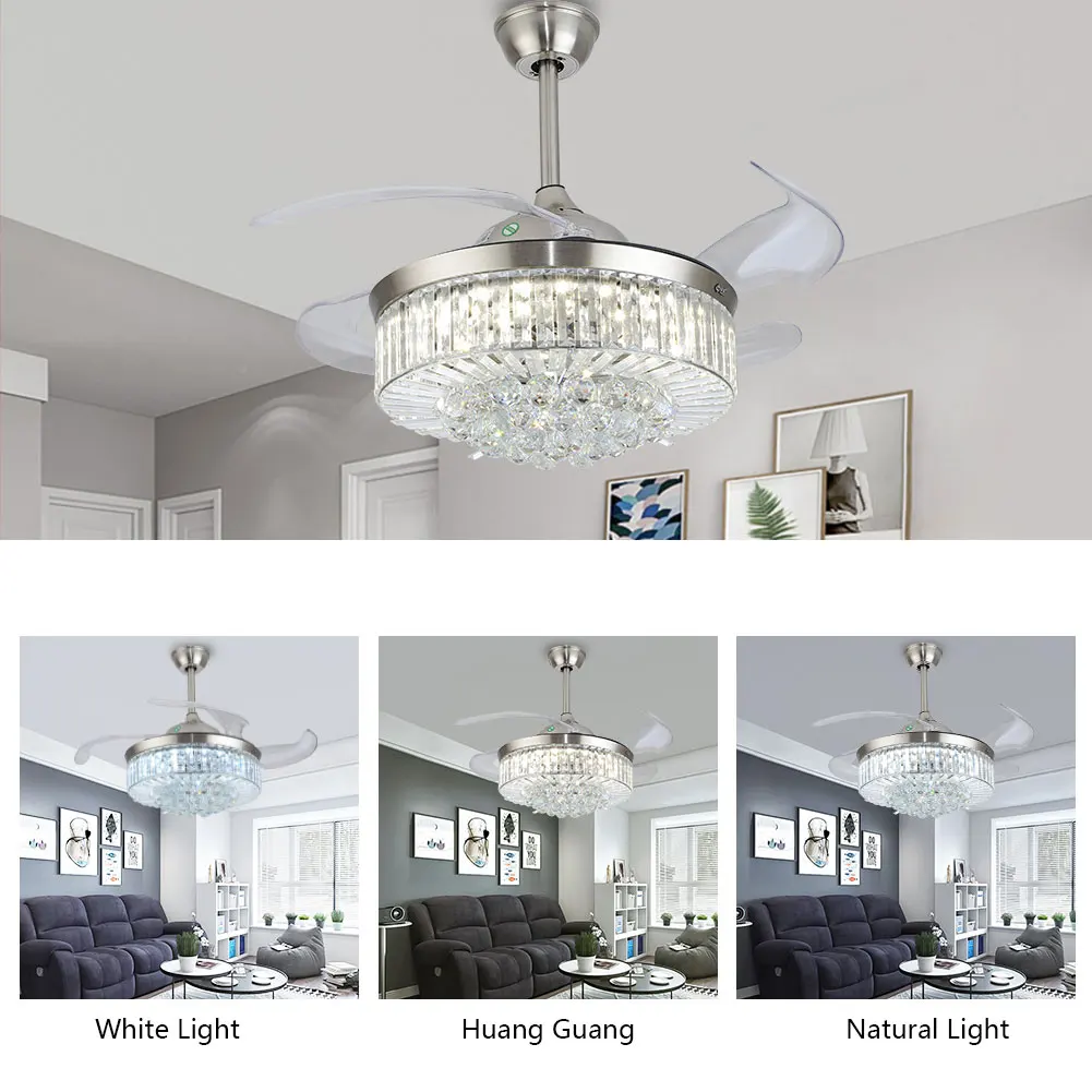 36" Retractable LED Ceiling Crystal Fan Dimmable Ceiling Fan Light Pendant Light Chandelier Lamp With Remote Control