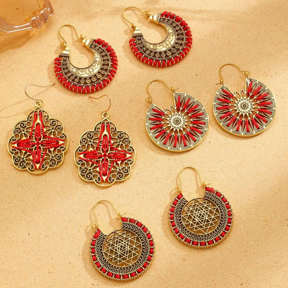 Rope Earrings Retro Bohemia Earrings Set Hand-woven Rope Jewelry Hollow Carving Lace Sun Shapes for Beach Festival Wear Bohemian