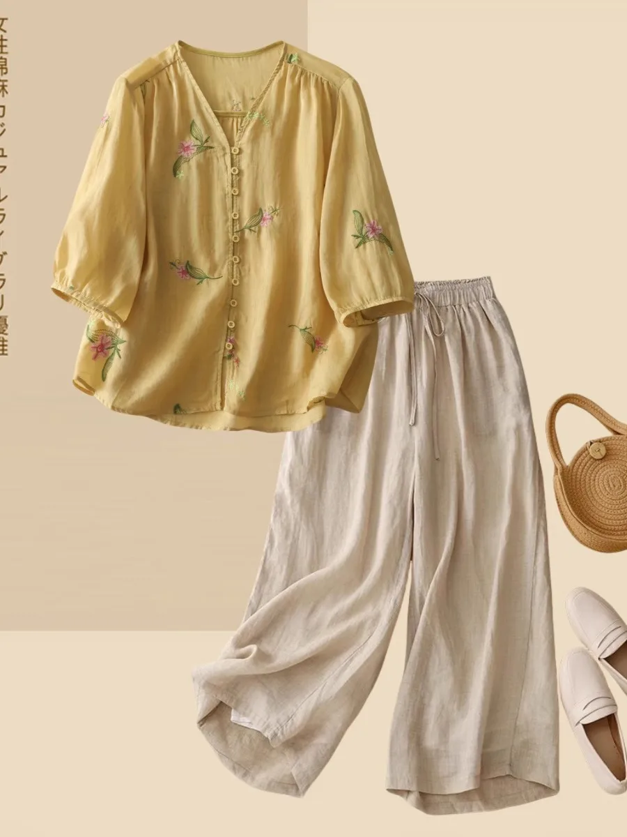 

New Chinese Style Embroidered V-Neck Cotton Linen Women's Shirt Mid-Aged Mom Set Fashion Retro Wide Leg Pants Two-Piece Set