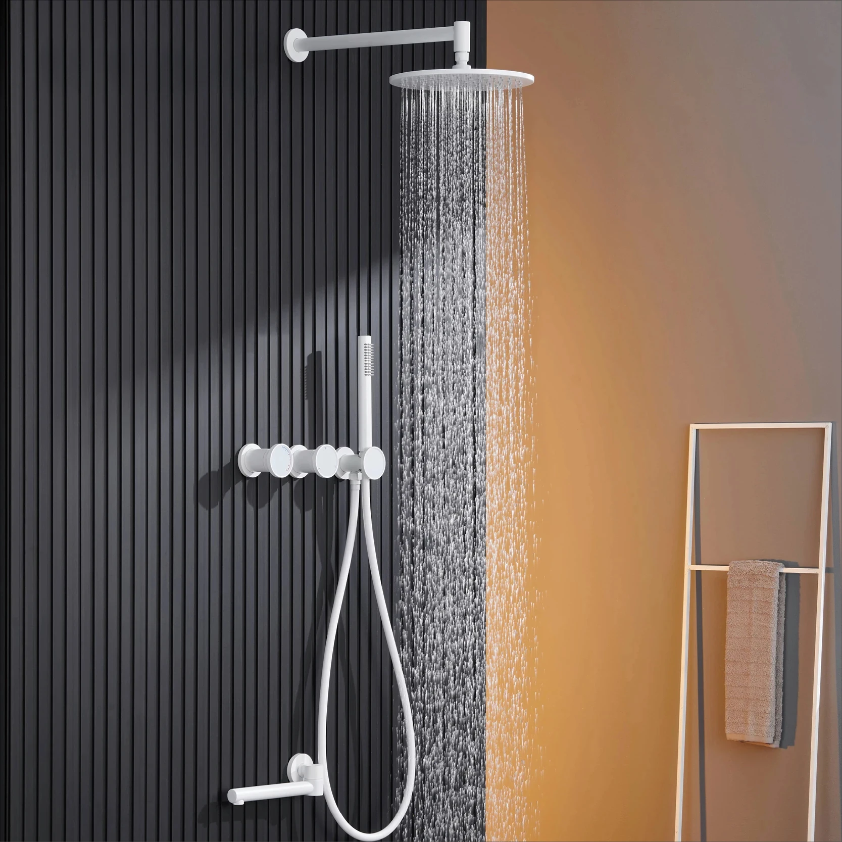 

Luxury simple white brass shower system wall mounted design with dual handles for hot and cold water 3 functions bathroom faucet