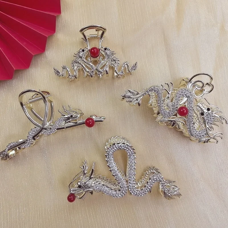 2024 New Chinese Dragon Year Hair Clips Hair Accessories for Women Girl Red Bead Metal Rhinestone Hair Pin Fashion Jewelry Tiara