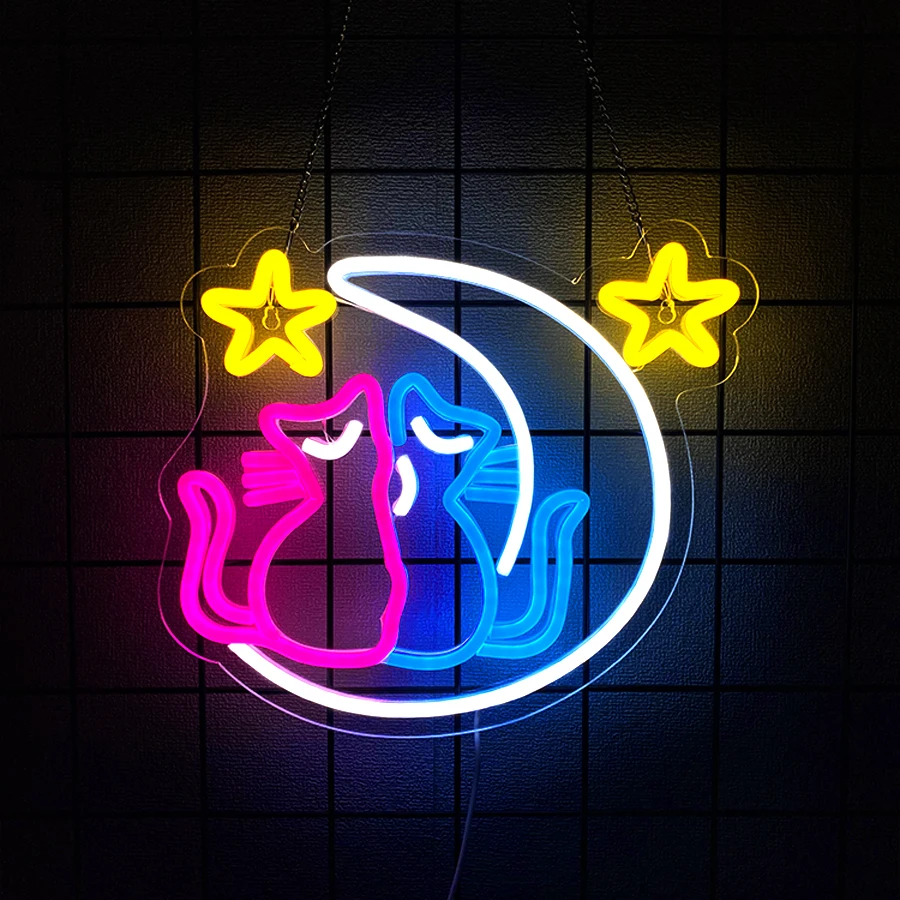 علامات نيون على شكل قطة القمر لديكور الحائط، لافتة إضاءة LED لديكور غرفة Preppy لافتة مضيئة لتزيين حفلات أعياد الميلاد المنزلية #1