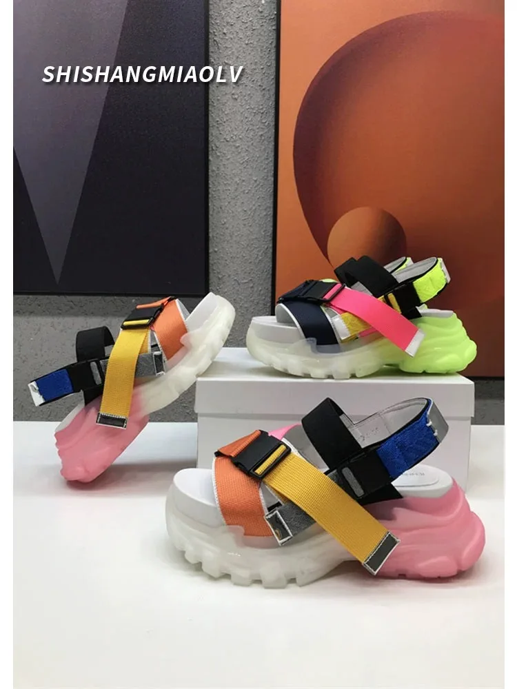 Women Sandals Colorful 2024 Summer Luxury Designer Brand Platform High Heels Fashion Design Genuine Leather Female Outdoor Shoes