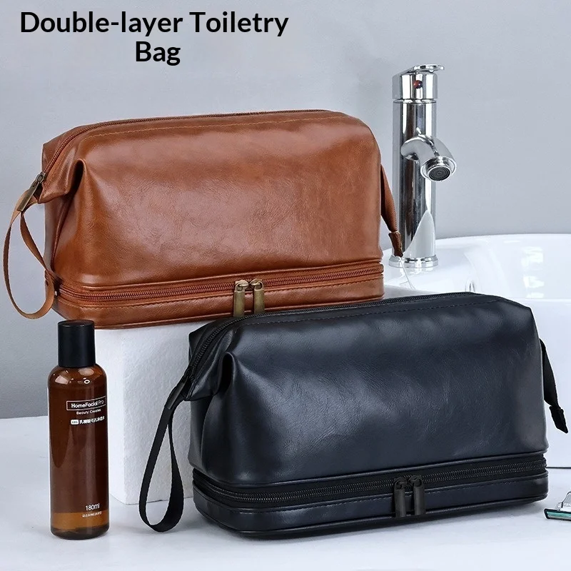 

1Pc Portable Double-layer Toiletry Bag for Men and Women Sports Business Travel PU Leather Casual Handbag Waterproof Makeup Bag