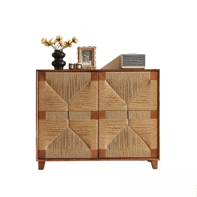 

Solid wood rattan locker wabi style retro living room locker Japanese porch cabinet dining side cabinet