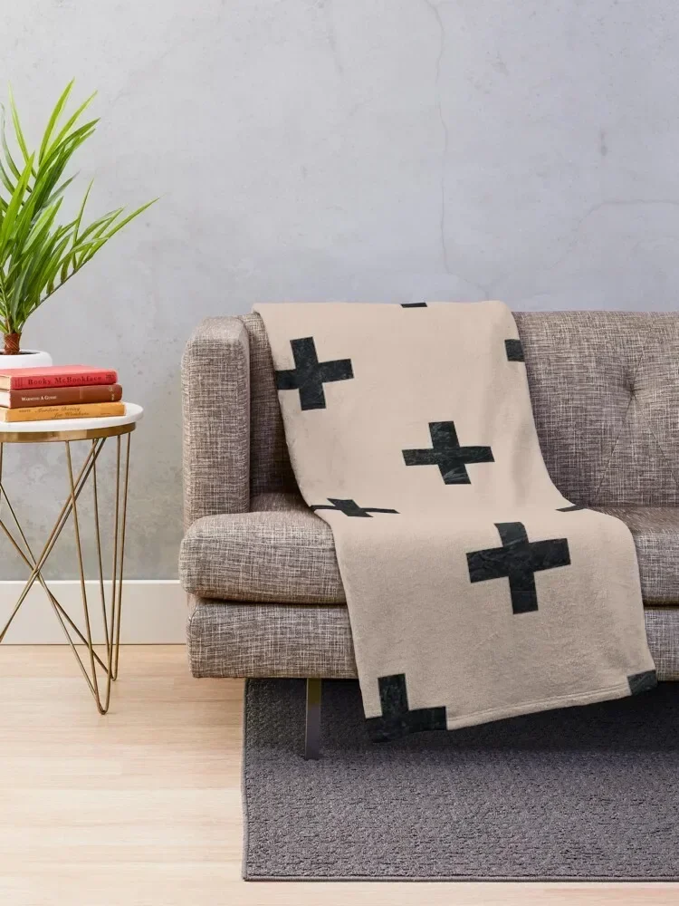 Beige and Black Textured Swiss Cross Pattern Throw Blanket decorative Summer Bed linens Blankets