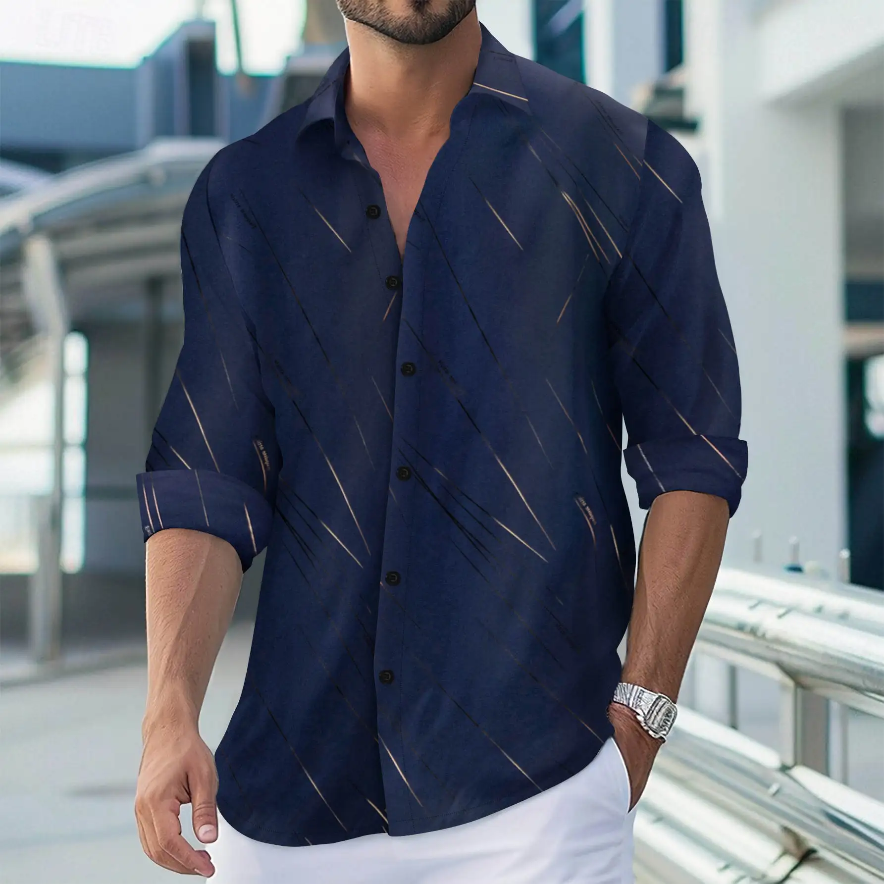 

Faionable Men's Long Sve Casual irt Gold Line Printing Iron Free PU Leather Other Material Spring Season Non-Sinking