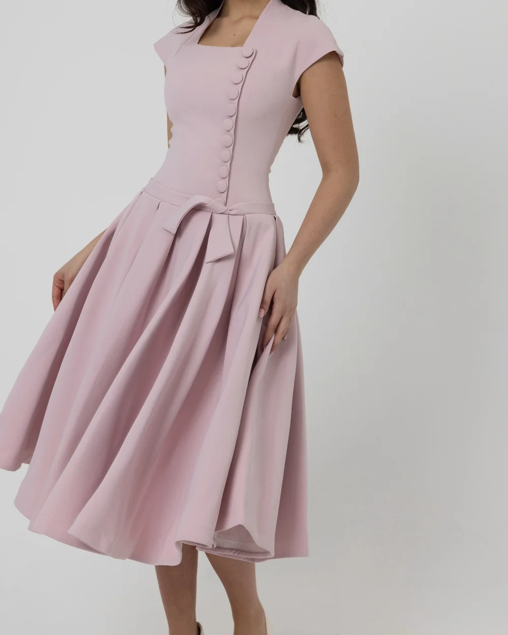 Customized Casual Fashion Jersey Pleat Ruched Button Sash A-line Square Neck Tea Length Evening Dresses For Birthday Party