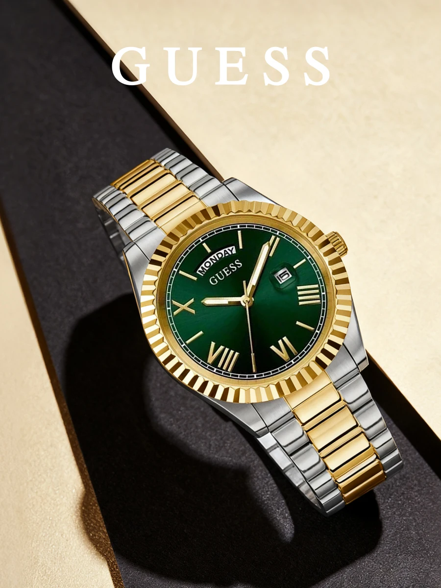 Guess Men Analog Quartz Watch, Two-Tone Stainless Steel Bracelet, Green Sunray Dial, Day & Date, 50M Water   GW0265G8