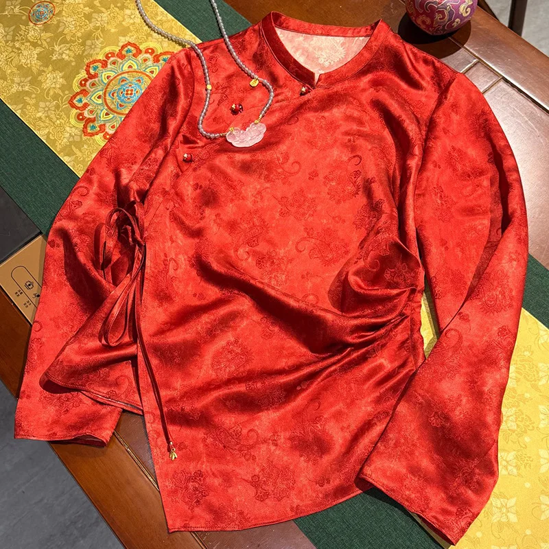 High-end Spring Chinese New Year Jacquard Coat Women Elegant Loose Pink Blue and Red Top S-XL