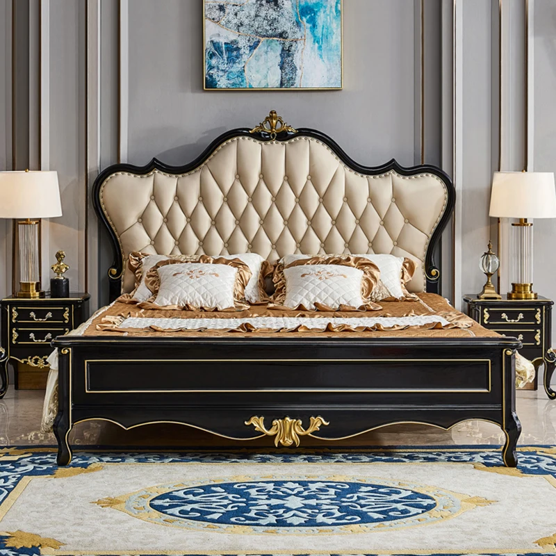 

European Solid Oak King Bed with Storage Hand-Carved Modern Design Ebony Finish Bridal Princess Bed for Luxe Master Bedroom