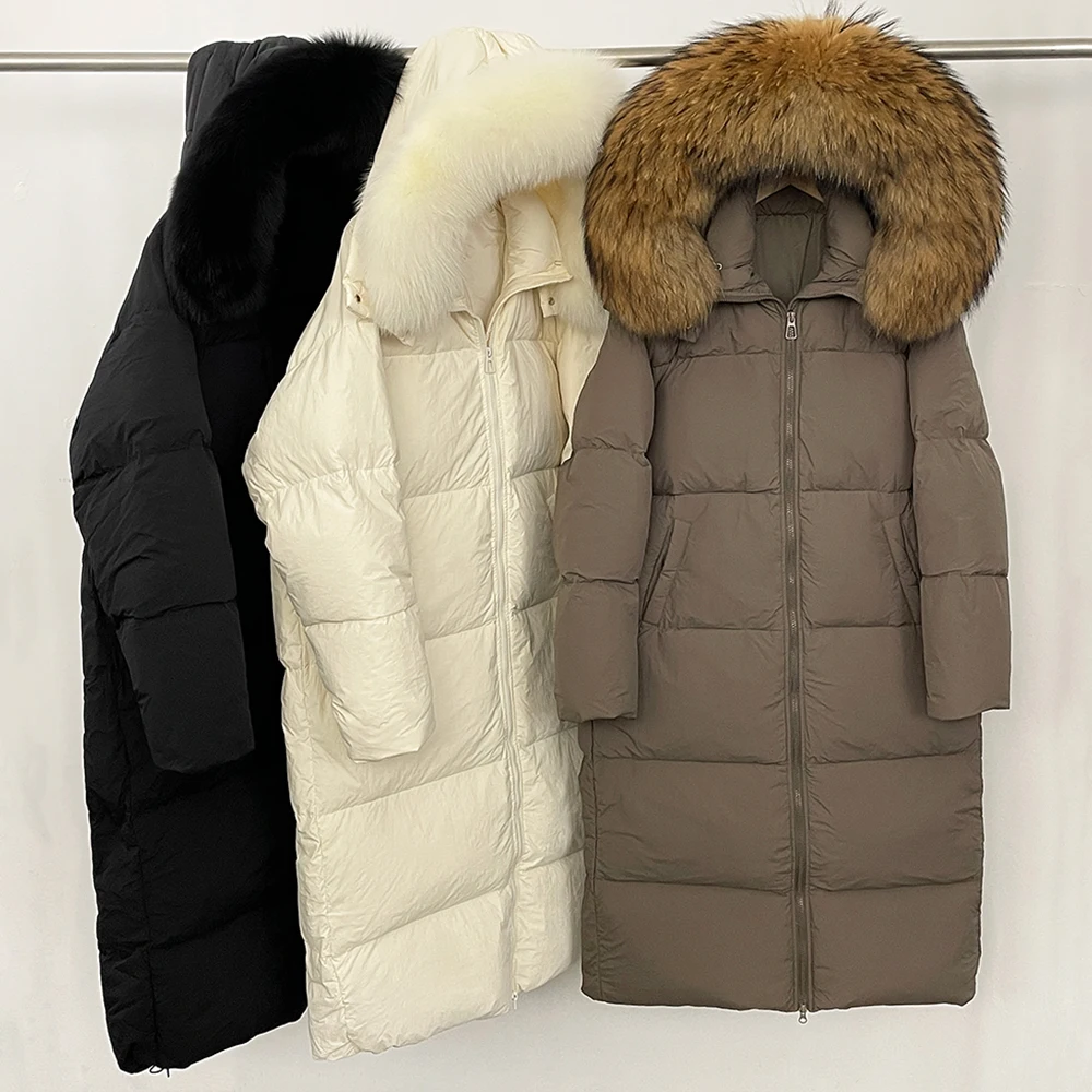 Women's Long Down Jacket with Natural Fur Collar Winter Warm Hooded Slim Fit Coat Lightweight Thermal Windproof Outdoor Overcoat view 6