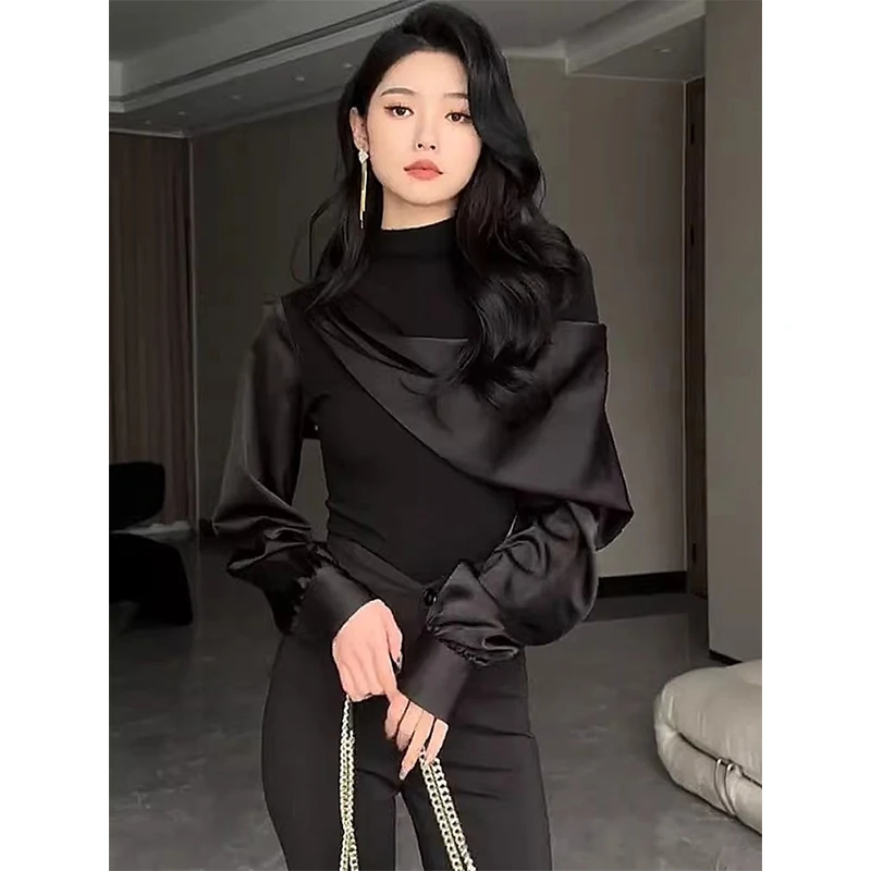 MEXZT eleganckie czarne koszule damskie moda luksusowe patchworkowe bluzki biurowa, damska koreańska, z długim rękawem Slim Chic Design topy nowość