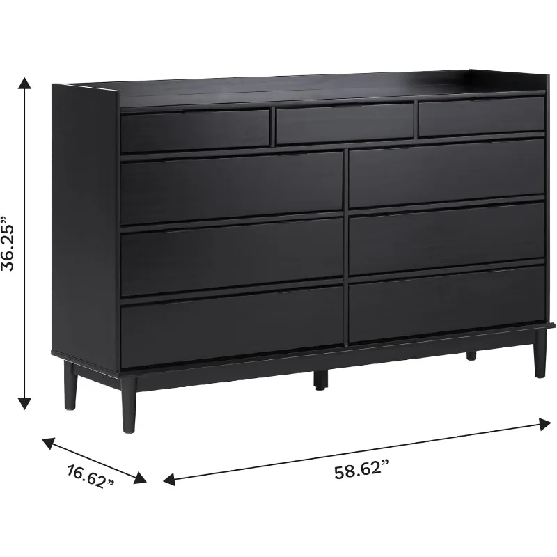 Blythe Cômoda moderna de meados do século com bandeja de madeira maciça e 9 gavetas, 60 polegadas, preta