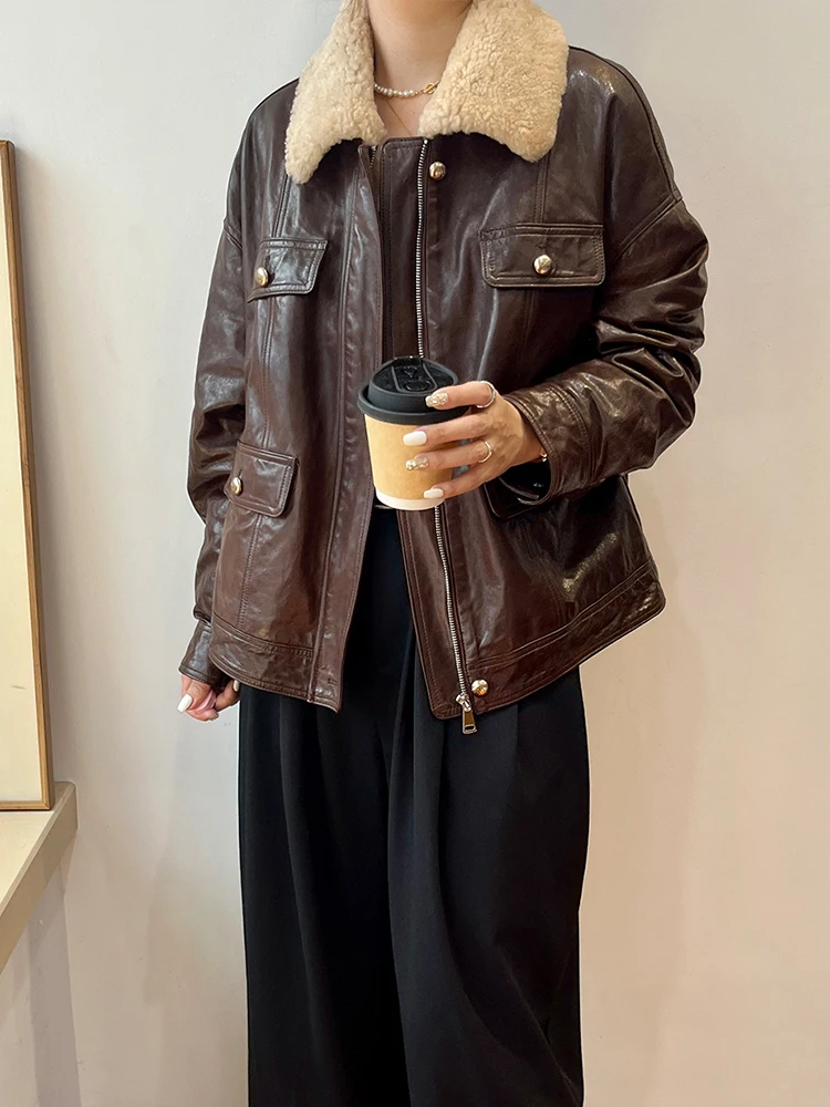 Piumino da donna caldo in piuma d'oca Giacca in vera pelle di pecora Cappotto con collo in pelliccia di pecora merino naturale Cappotti femminili di lusso